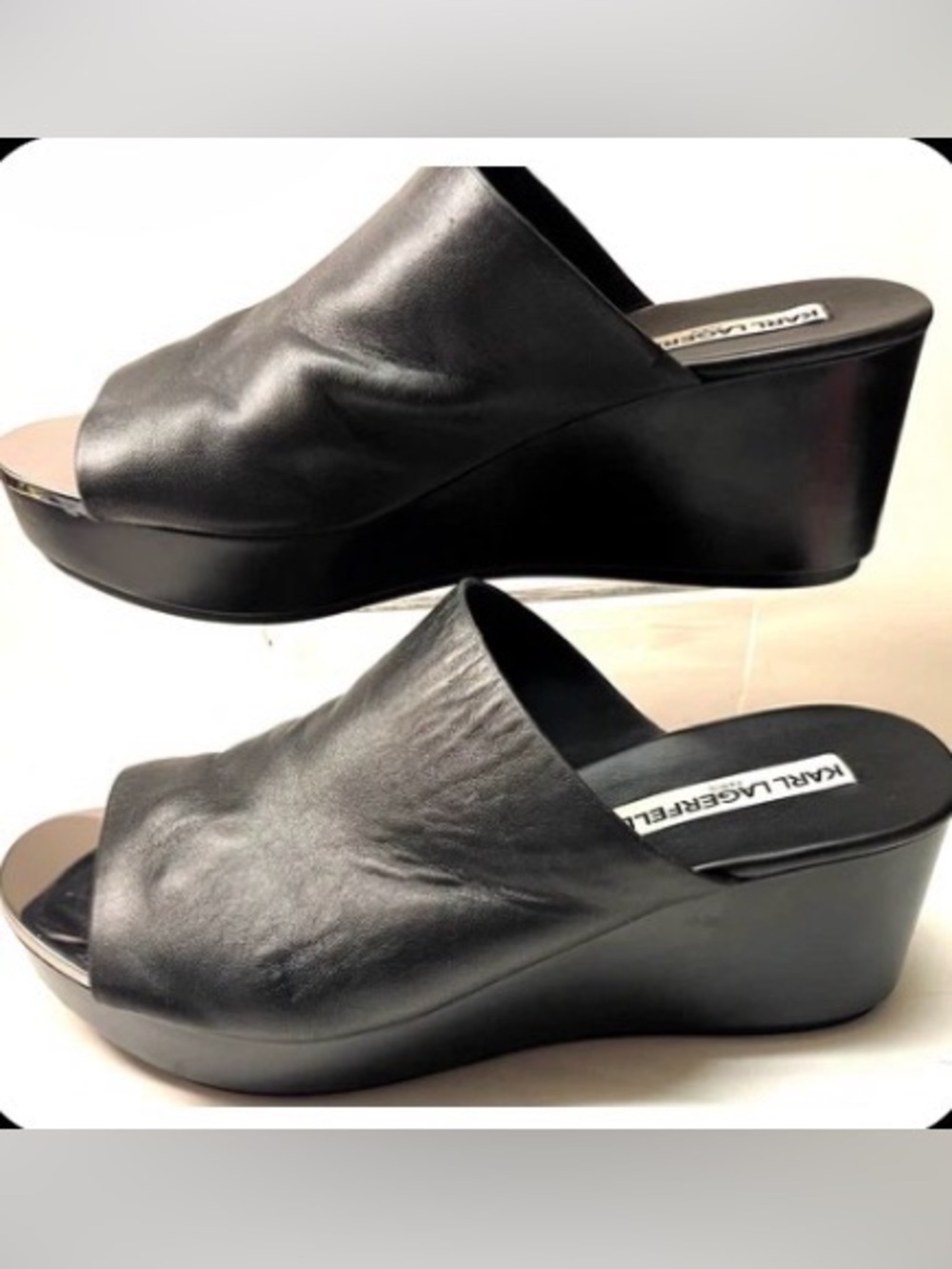 Karl Lagerfeld Black Leather Lyric Platform Wedge Slide Size 9 40